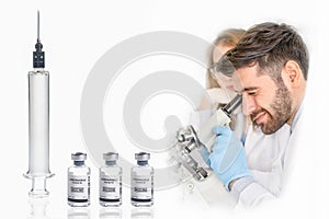 Coronavirus covid-19 vaccine reseach background of scientist using microscope in labolatory with syringe and bottle of coronavirus photo