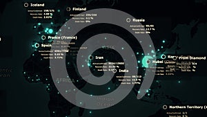 Coronavirus COVID19 pandemic world map. Epidemic spreads from wuhan china across the world. Mainlands with azure