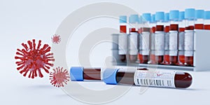 Coronavirus Covid19 test tubes in a rack. Medical screening and Covid tests production 3d render