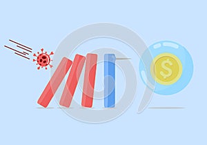 Coronavirus crash bar graph and collapsed like a domino to break soap bubble with golden dollar coin.