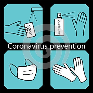 Coronavirus disease prevention outline icons showing disinfection, hygiene. Concept of rules to prevent coronavirus spreading,
