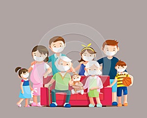 Coronavirus disease protection, Big family wear face masks for preventing COVID-19. Vector illustration in a flat style.