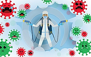 Coronavirus disinfection vector concept design. Front liner disinfector character. photo