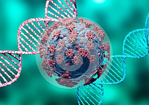 Coronavirus and DNA, virus mutation. New variant and strain of SARS CoV 2. Microscopic view