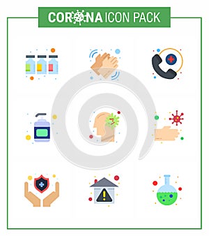 9 Flat Color coronavirus epidemic icon pack suck as ilness, cold, care, sanitizer, lotion photo