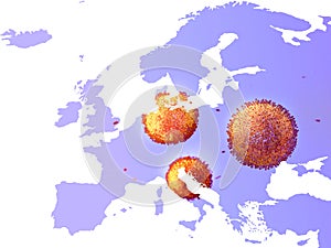 Coronavirus, europe map, covid-19,dangerous flu strain cases as a pandemic medical health risk, disease cells 3D
