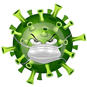 Coronavirus Evil Virus Cartoon Character with Face Mask against Covid-19 Vector illustration isolated on white.