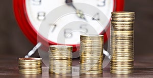 Coronavirus financial stimulus, help concept, gold money coins and alarm clock