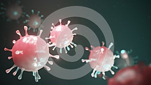Coronavirus floating in fluid microscopic view, pandemic or virus infection concept. Closeup. Flu or HIV - 3D