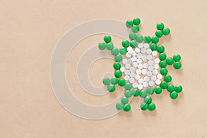 Coronavirus flu concept background. cell made of tablets. with space for text. Medical microbiology infection