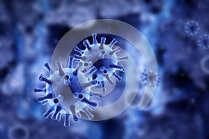 Coronavirus or flu germs inside cell, SARS-CoV-2 corona virus under microscope on blue background, 3d rendering. Concept of COVID-