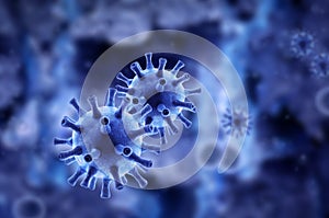 Coronavirus or flu germs inside cell, SARS-CoV-2 corona virus under microscope on blue background, 3d rendering. Concept of COVID- photo