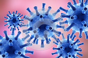 Coronavirus or flu superbug on pink background, 3d rendering, SARS-CoV-2 corona virus like gear mechanism. Concept of science photo