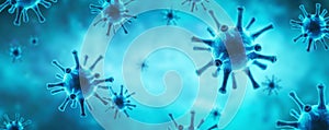 Coronavirus or flu virus banner, 3d illustration, microscopic view of pathogen SARS-CoV-2 corona virus in cell on blue background