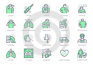 Coronavirus, flu virus symptoms line icons. Vector illustration included icon as cough, fever, lung ct scan, headache