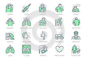 Coronavirus, flu virus symptoms line icons. Vector illustration included icon as cough, fever, lung ct scan, headache photo