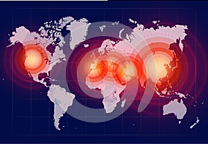 Coronavirus foci on world map, COVID-19 2019-nCoV virus spreading around planet, banner for breaking news about corona