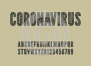 Coronavirus font. vector quarantine alphabet. medical letters and numbers