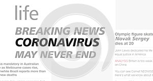 Coronavirus headlines. Covid-19 coverage. pandemic corona virus. World epidemic