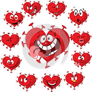 Coronavirus Heart Cartoon Vector Illustration - Many Facial Expressions - Valentines Day Stickers