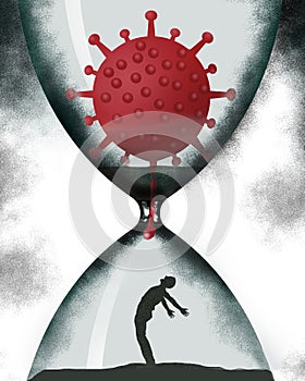 A coronavirus in an hourglass takes itÃ¢â¬â¢s time heading for the inevitable infection of a defiant man photo