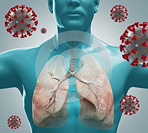 Coronavirus and human respiratory system. Floating influenza virus cells. Dangerous asian ncov corona virus, SARS