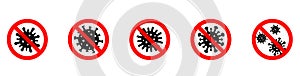 Coronavirus icon with red prohibit 2019-nCoV. Coronavirus Bacteria. Stop Coronavirus Concepts - stock vector