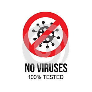 Coronavirus icon with red prohibit sign. `No viruses` label - all clear.