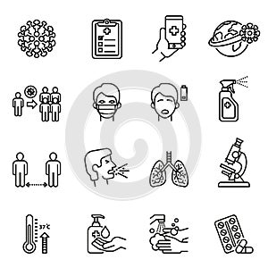 Coronavirus icon set. symptoms, transmission, prevention, treatment contagion, infection and more.