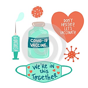 Coronavirus icon set vector. Stop Corona, Get Vaccinated, Covid 19 Vaccine Time, Syringe, Face Mask. Cute hand drawn