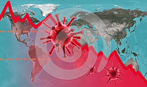 Coronavirus impacts to business, graph of stock market crash on global map. World economy hits by corona virus outbreak