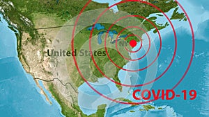 Coronavirus infection in USA, COVID-19 outbreak in New York on map of America. Novel SARS-CoV-2 corona virus spreads in US