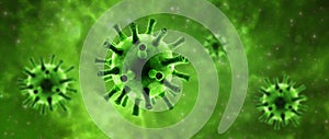 Coronavirus or influenza superbug in cell, digital view of SARS-CoV-2 corona virus on green background, 3d render photo