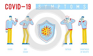 Coronavirus Infographics. People Characters with Mers-cov Symptoms as Dry Cough, Shortness of Breath, Fever, Fatigue