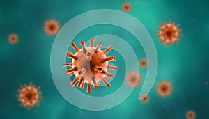 Coronavirus inside cell or blood, macro view of SARS-CoV-2 corona virus on blue green background, 3d illustration. Concept of