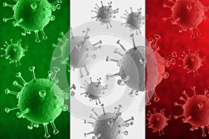 Coronavirus in Italy. Epidemic virus. Winter season. Italy flag background. Medical background.