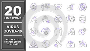 Coronavirus line icon set. Coronavirus Protection Related Vector Line Icons. Icons are included such as covid-19 virus