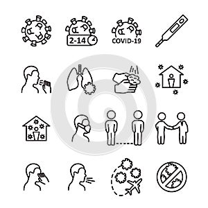 Coronavirus line icon set. Prevention, transmition, advice ant other. Covid-19 virus icon set. Vector.