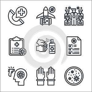 coronavirus line icons. linear set. quality vector line set such as coronavirus, gloves, thermometer, file, handwash, file,