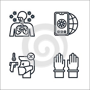 coronavirus line icons. linear set. quality vector line set such as gloves, thermometer, mobilephone