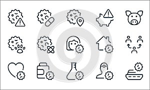 Coronavirus line icons. linear set. quality vector line set such as ship, virus, heart, medical doctor, pills bottle, virus, anti