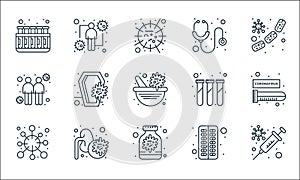 Coronavirus line icons. linear set. quality vector line set such as syringe, sample research, virus, pills, lungs, spread, test