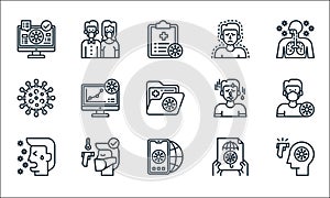 Coronavirus line icons. linear set. quality vector line set such as thermometer, mobilephone, cough, insurance, thermometer,