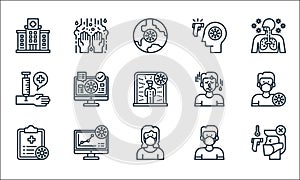 Coronavirus line icons. linear set. quality vector line set such as thermometer, sick, file, sick, analysis, syringe, fever,