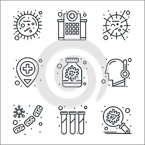 Coronavirus line icons. linear set. quality vector line set such as virus search, test tube, virus, fever, sample research,