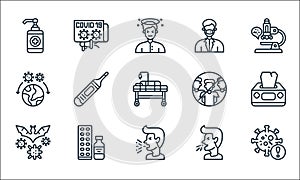 coronavirus line icons. linear set. quality vector line set such as warning, cough, virus transmission, sneeze, medication,