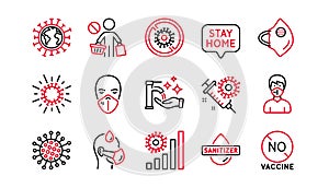 Coronavirus line icons set. Hands sanitizer, medical protective mask, no vaccine. Covid-19 pandemic. Vector