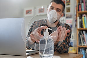 Coronavirus. Man working from home wearing protective mask. quarantine for coronavirus wearing protective mask. Working from home.