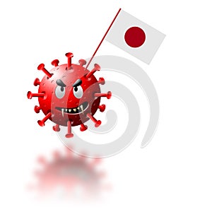 Coronavirus molecule holding japanese flag
