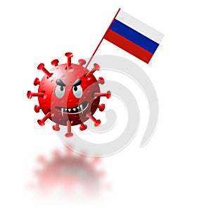 Coronavirus molecule holding russian flag